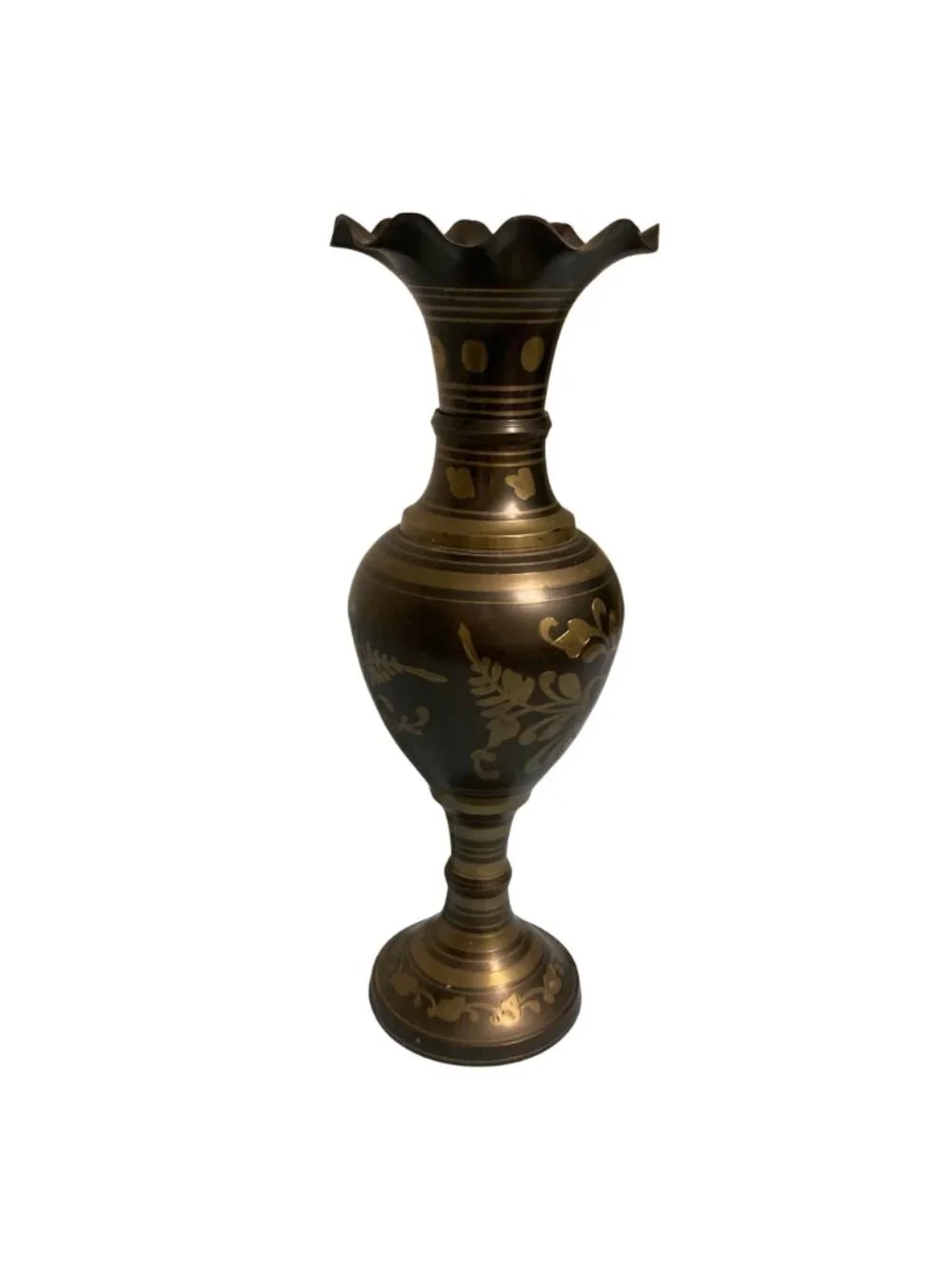 Vintage Brass Vase With Floral Engraving And Scalloped Rim 14